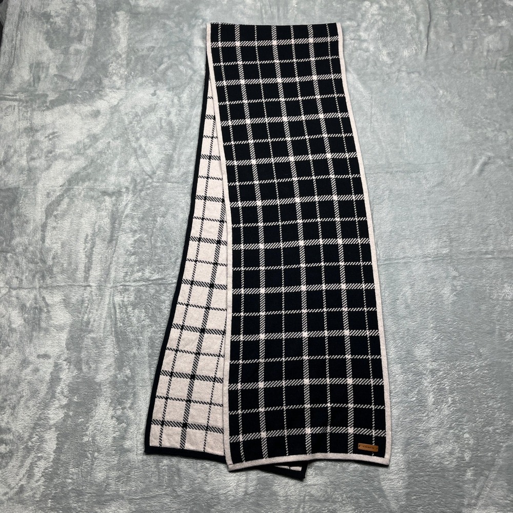 Coach Scarf Black Ivory Reversible Plaid Wool Cotton Knit Leather Logo - Picture 3 of 16
